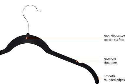 Black Velvet Slim Hanger. Non-Slip Black With Silver Hook